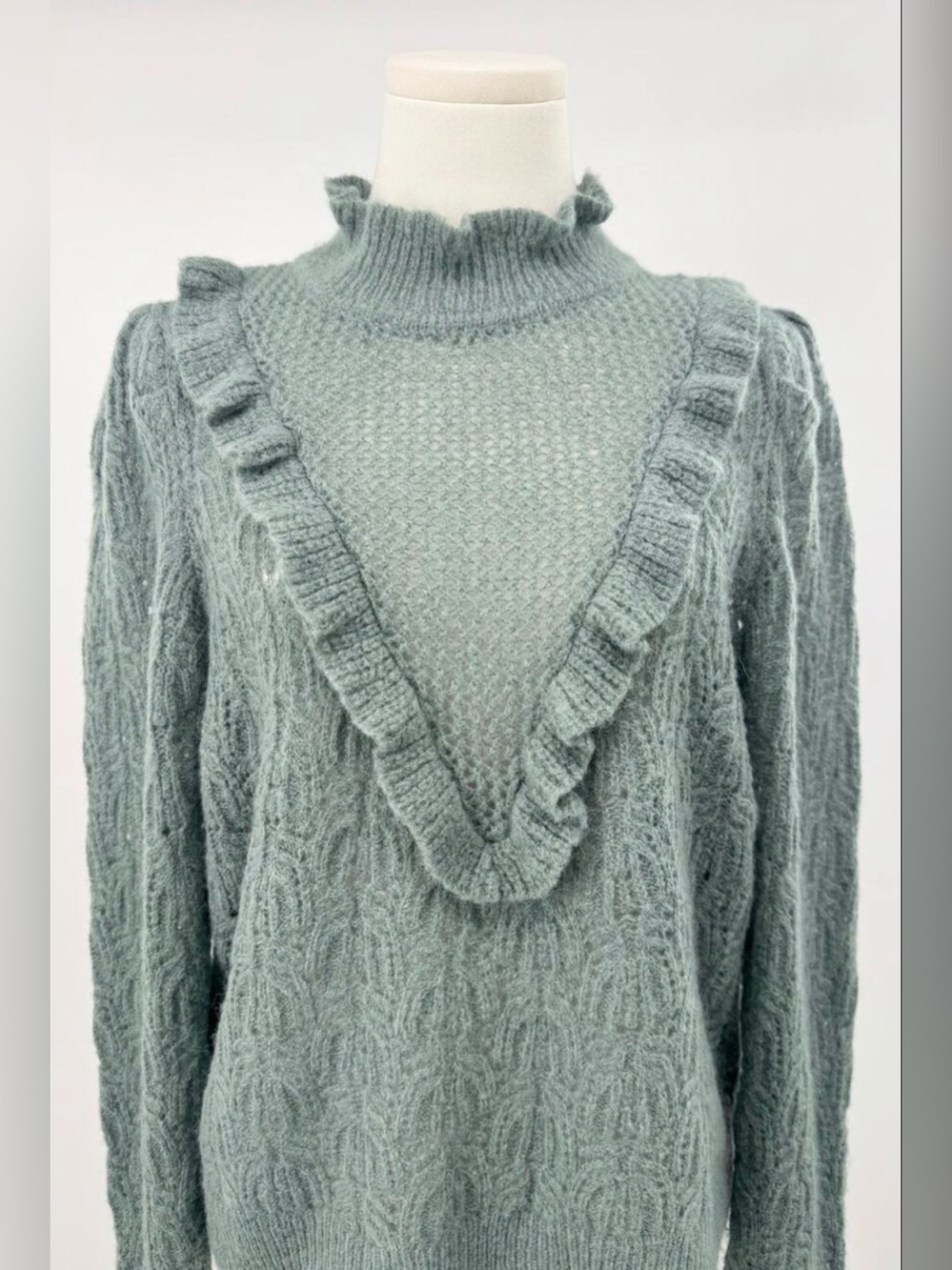 Veronica Beard Alpaca Wool Mock Green Neck Ruffle Sweater Pointelle Knit M